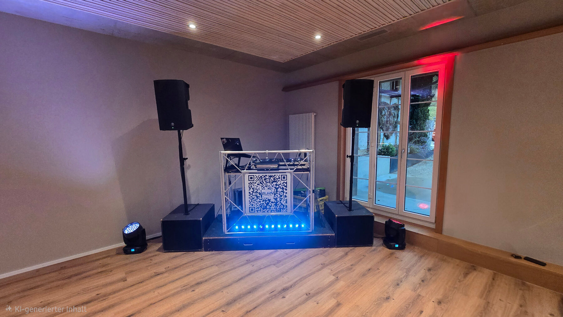 Aufgebautes DJ- und Licht-Setup in einem Veranstaltungsraum